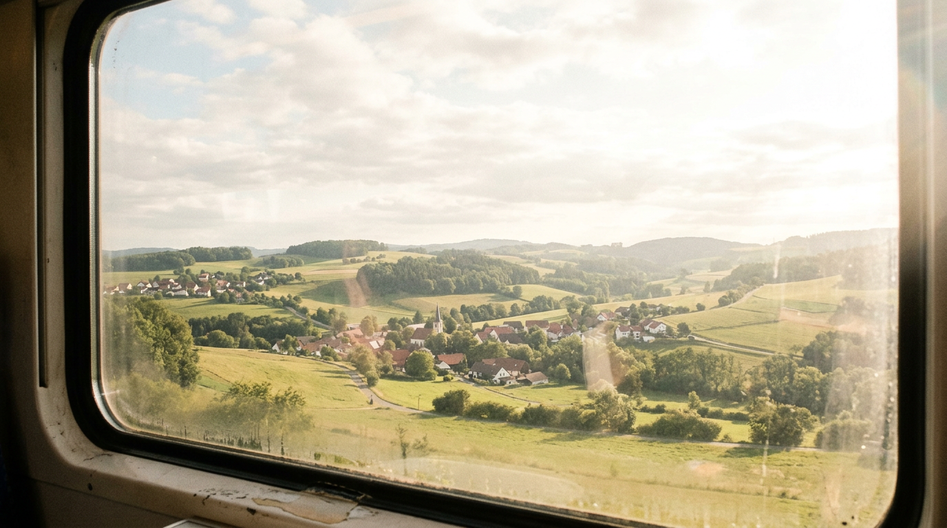 An illustration of green hills and a village seen through a train window.