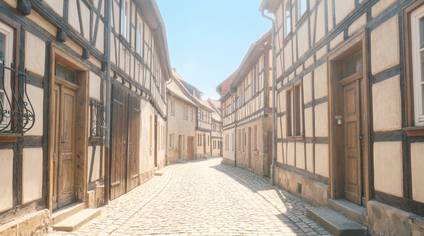 An illustration of a narrow cobbled street lined with half-timbered houses.