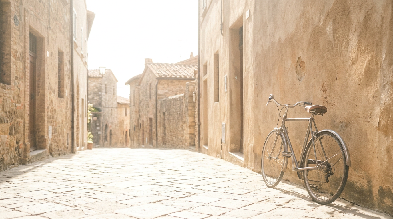 An illustration of a bicycle leaning against a wall in an Italian stone-paved lane.