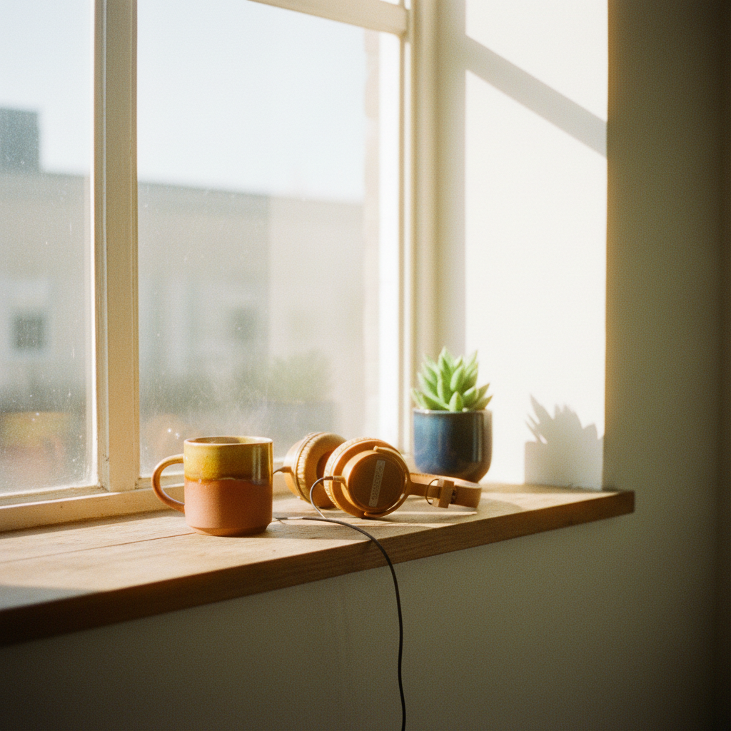Une scène matinale paisible sur un rebord de fenêtre en bois avec une tasse de thé chaude, un casque audio et une petite plante baignée d'une douce lumière du soleil.