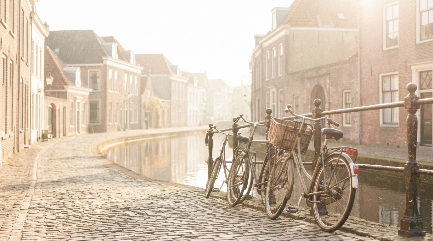 An illustration of bicycles beside a Dutch canal lined with brick houses.