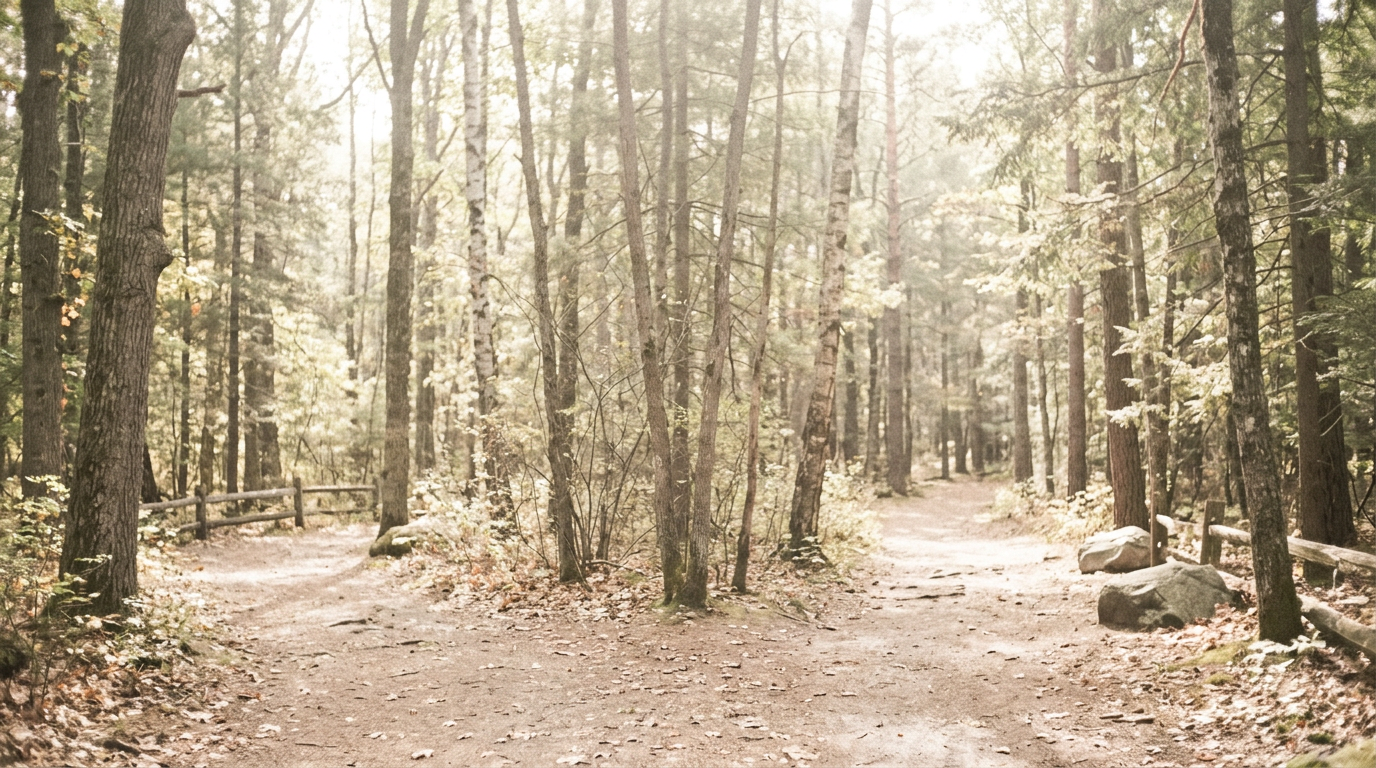 Eine malerische Illustration einer Weggabelung auf einem ruhigen Waldpfad, die die Entscheidung zwischen zwei verschiedenen Sprachlernmethoden darstellt.