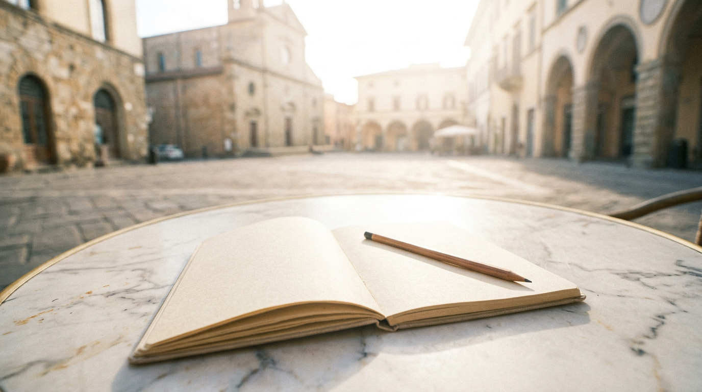 An open blank notebook and a pencil on an outdoor marble cafe table, with a blurred background of a historic Italian piazza bathed in warm sunlight.