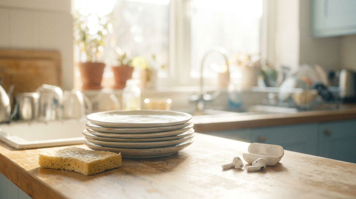 Un plan de travail de cuisine ensoleillé avec une pile d'assiettes en céramique, une éponge et des écouteurs sans fil, symbolisant une pratique linguistique en solo productive pendant les tâches ménagères.
