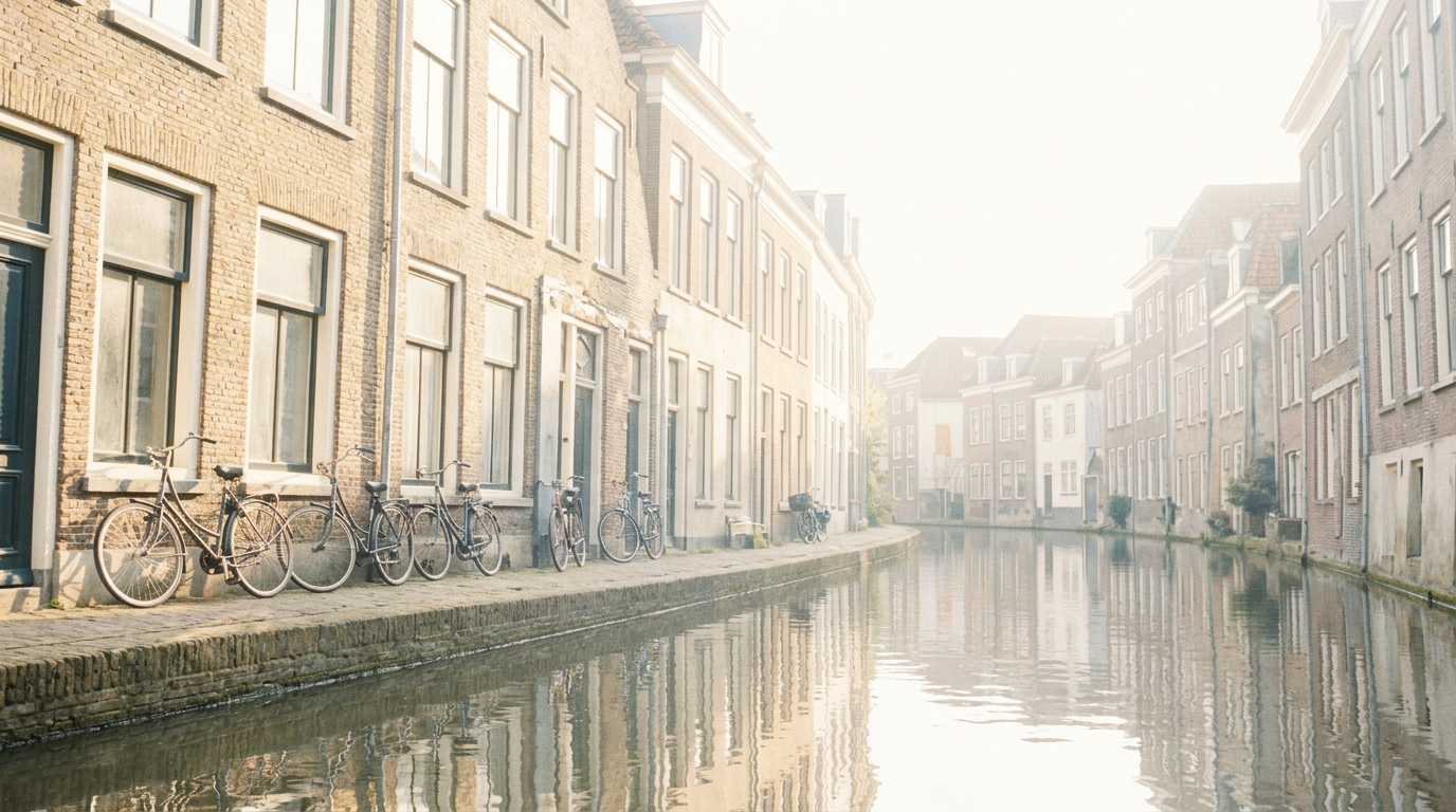 Ilustración de un canal neerlandés flanqueado por casas de ladrillo y bicicletas aparcadas.