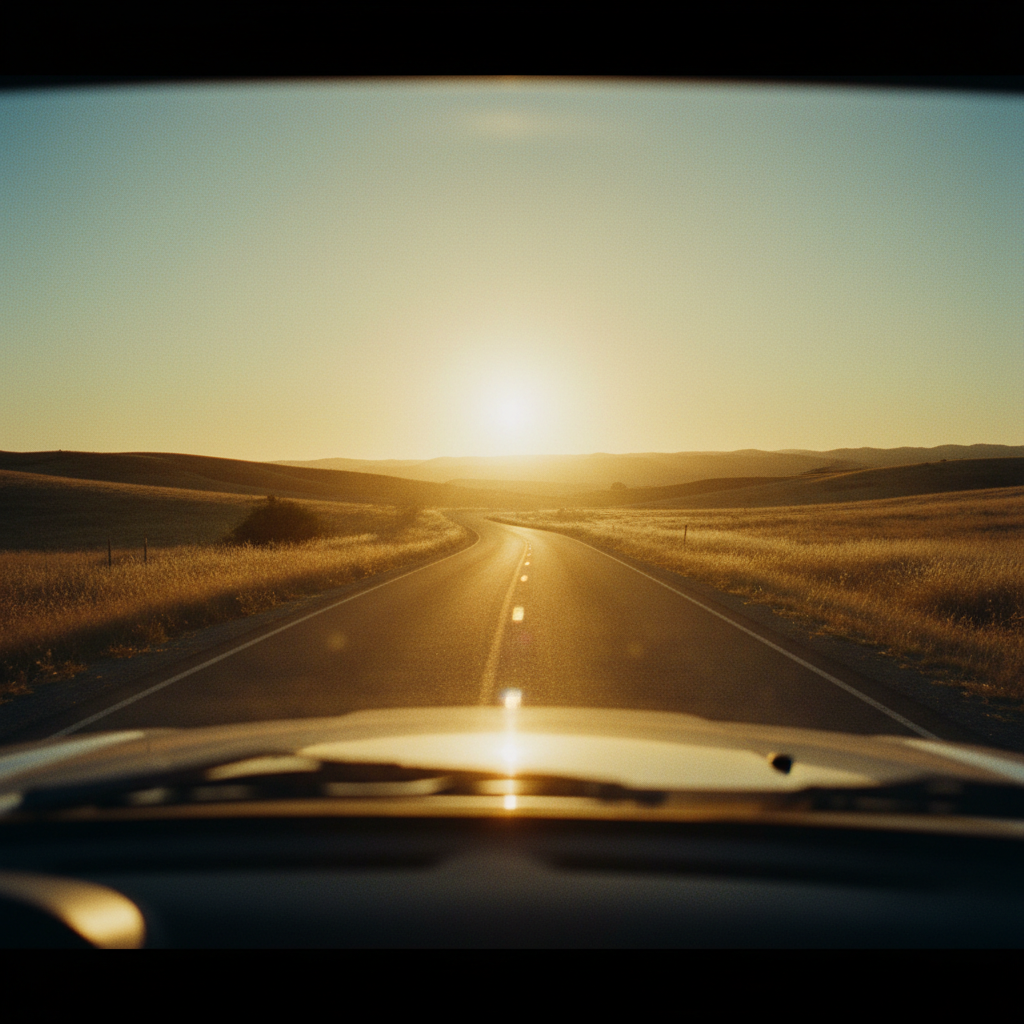 Vista a través del parabrisas de un coche hacia una carretera larga y vacía que serpentea entre colinas bajo un cálido amanecer dorado.