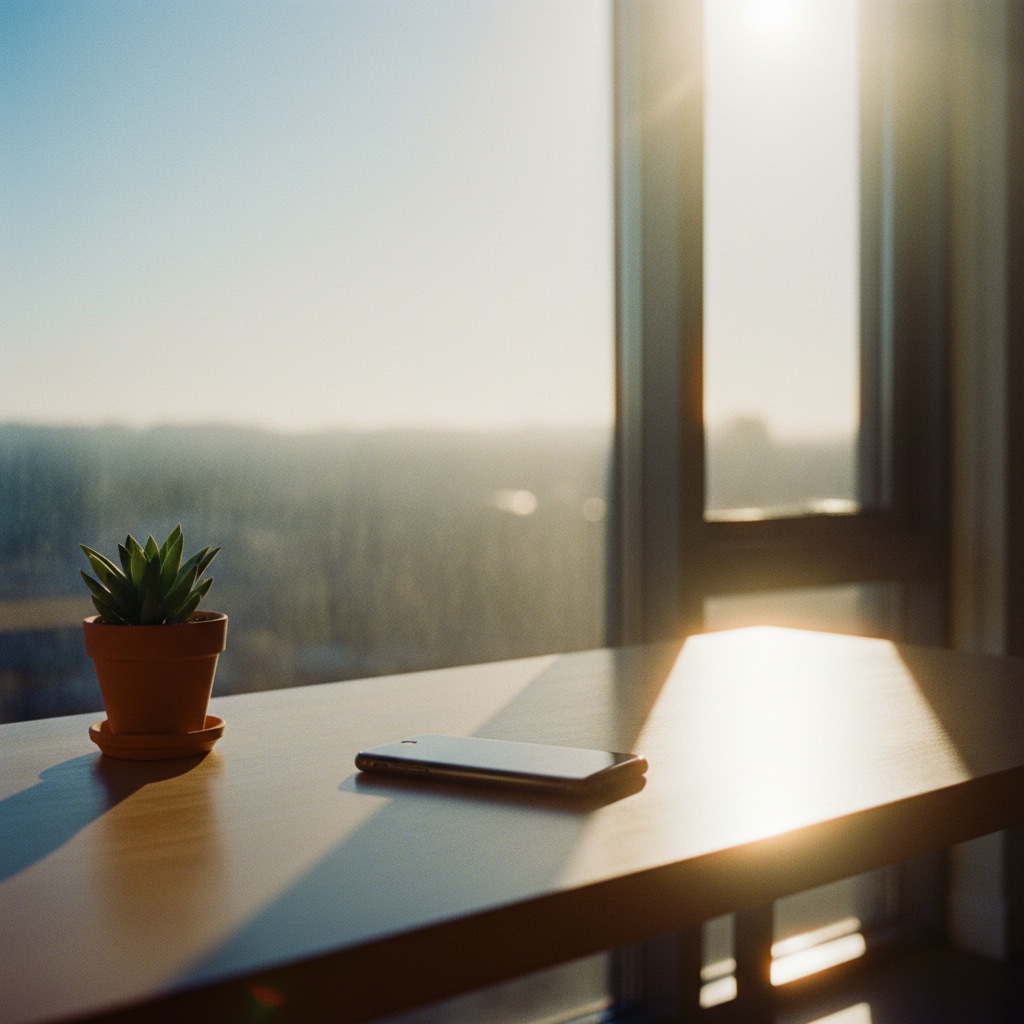 A close-up of modern wireless earbuds and a steaming coffee cup on a sunlit wooden table.