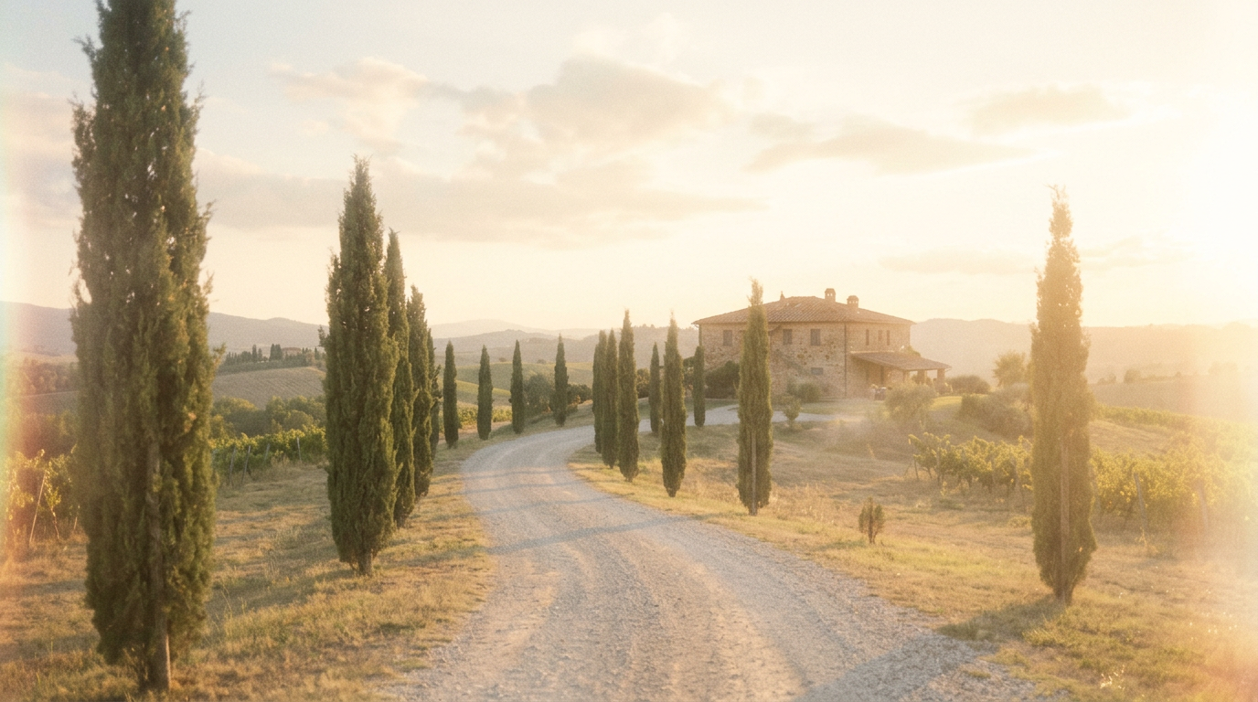 Una vista panoramica di una strada sterrata tortuosa costeggiata da alti cipressi che conduce a una villa rustica in pietra su una collina toscana sotto un tramonto dorato.
