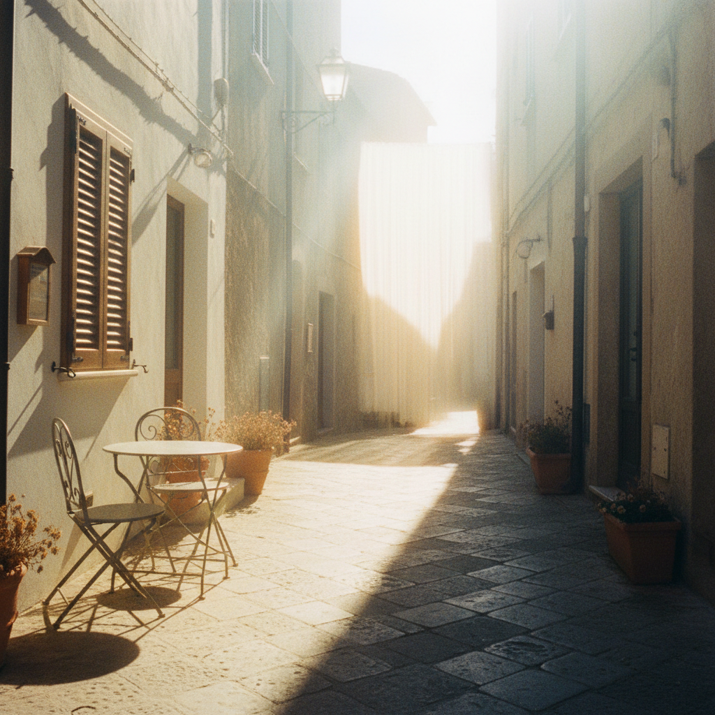 A quiet, sunlit cobblestone street in Italy with an empty outdoor cafe table and two chairs under a warm afternoon glow.
