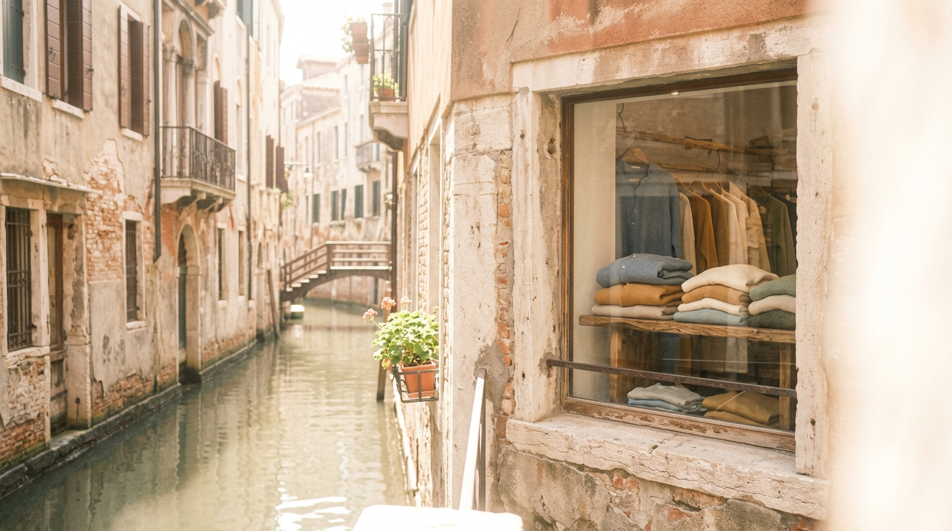 An illustration of a Venetian canal beside a shop window displaying folded clothes.
