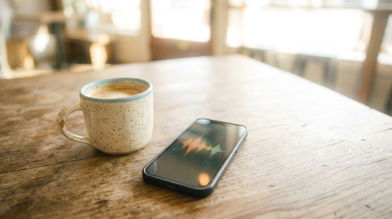 A smartphone displaying a glowing audio waveform sits on a wooden table next to a cup of coffee in a softly lit cafe.