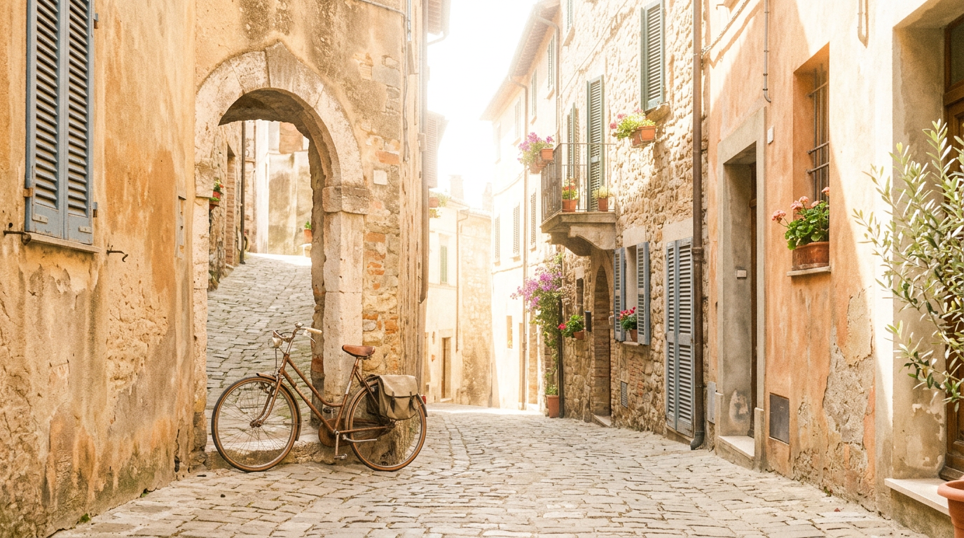 An illustration of a bicycle beneath a stone arch on a sunny Italian street.
