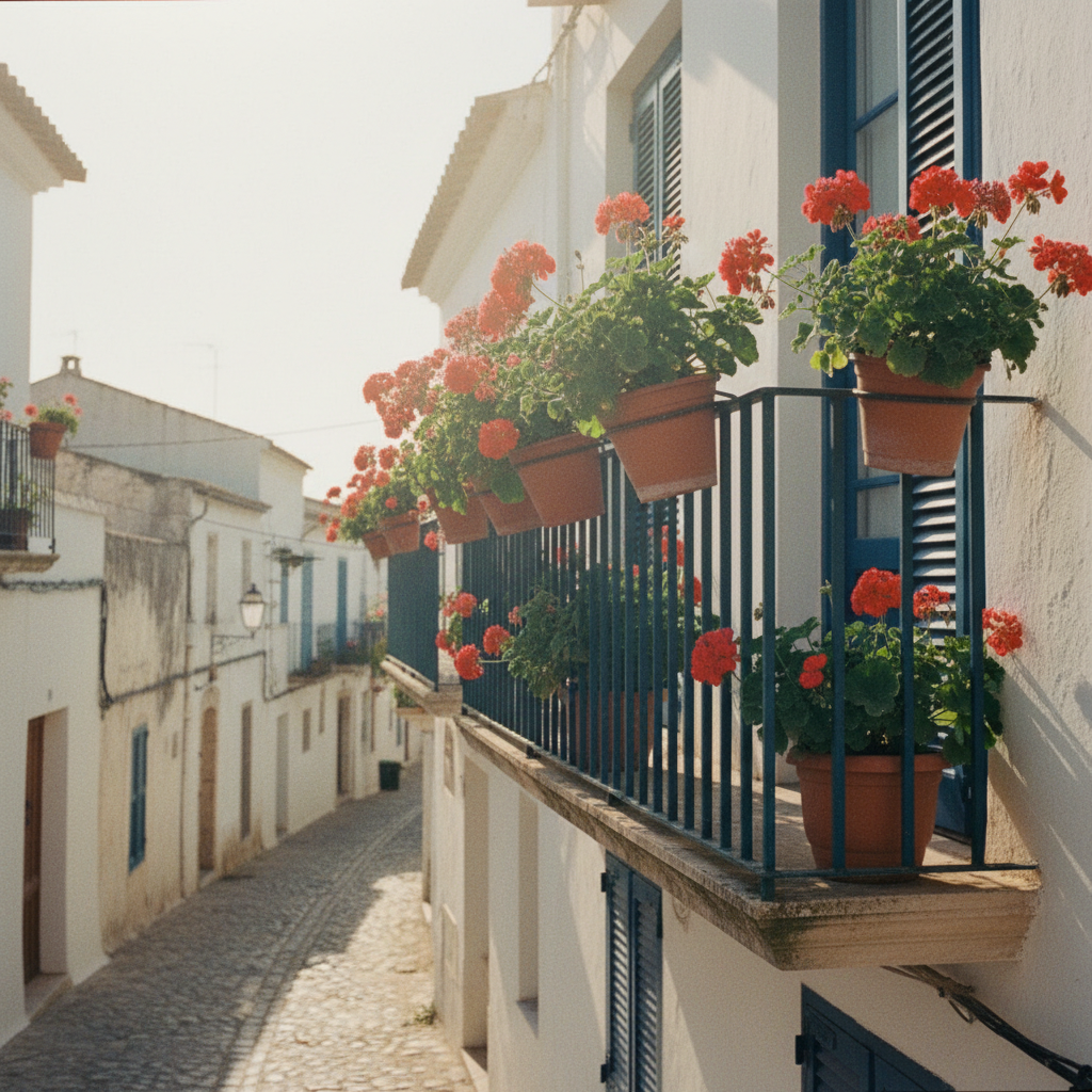 A warm, sunlit balcony with red terracotta tiles and vibrant potted flowers overlooking a historic Spanish street.