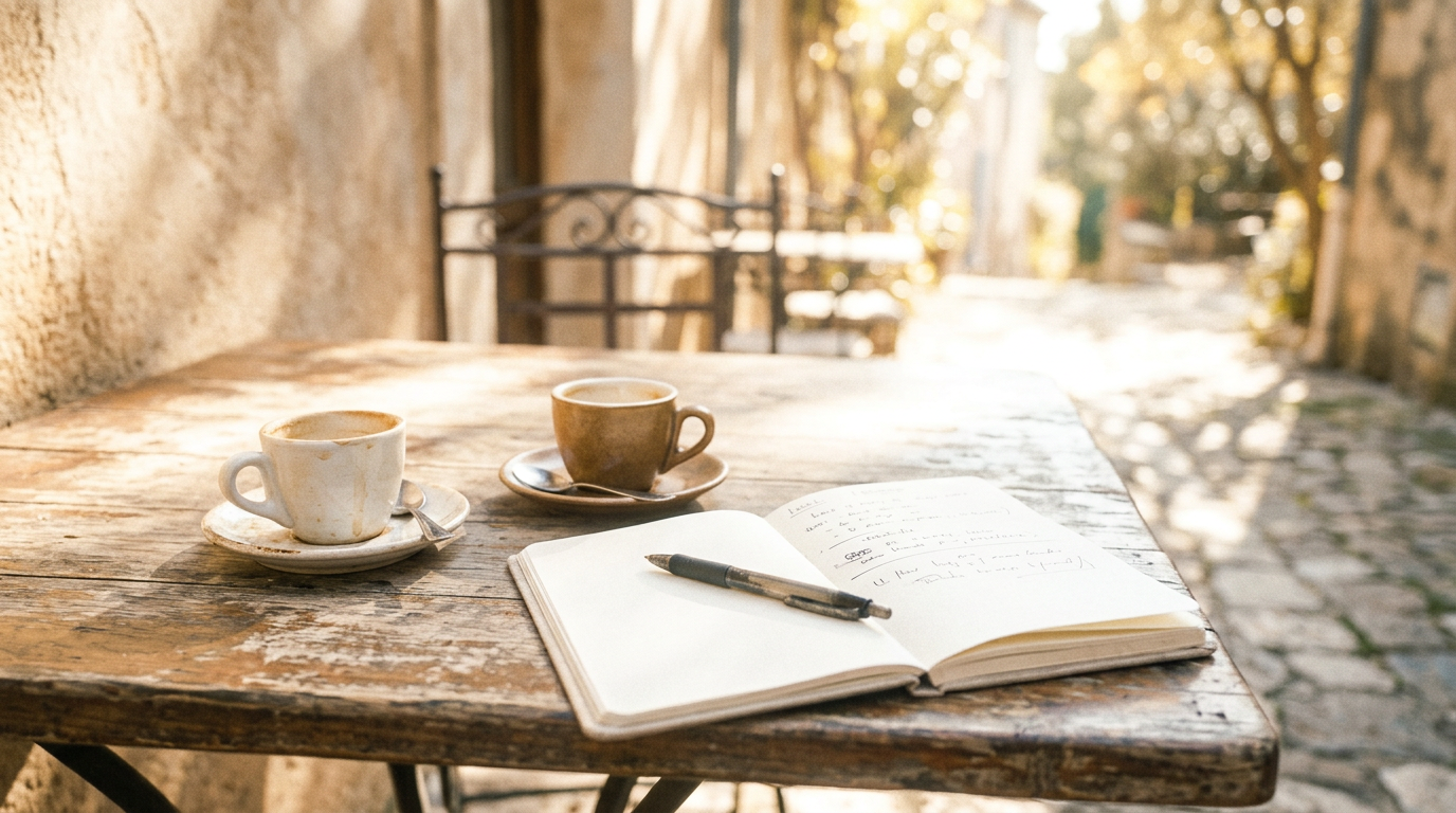 A smartphone placed face down on a wooden desk, positioned next to a large open book with paper pages and a warm mug of tea.