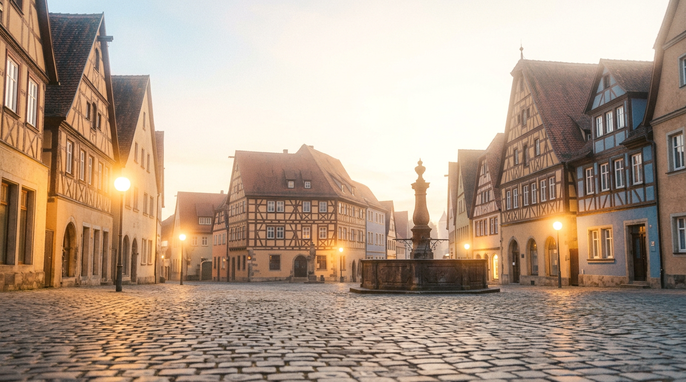 An illustration of a cobbled square surrounded by half-timbered houses at sunset.