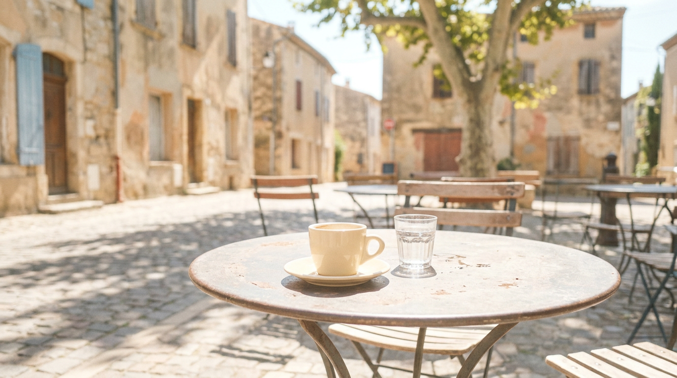 An illustration of a café table with a cup and a glass beside a cobbled square.