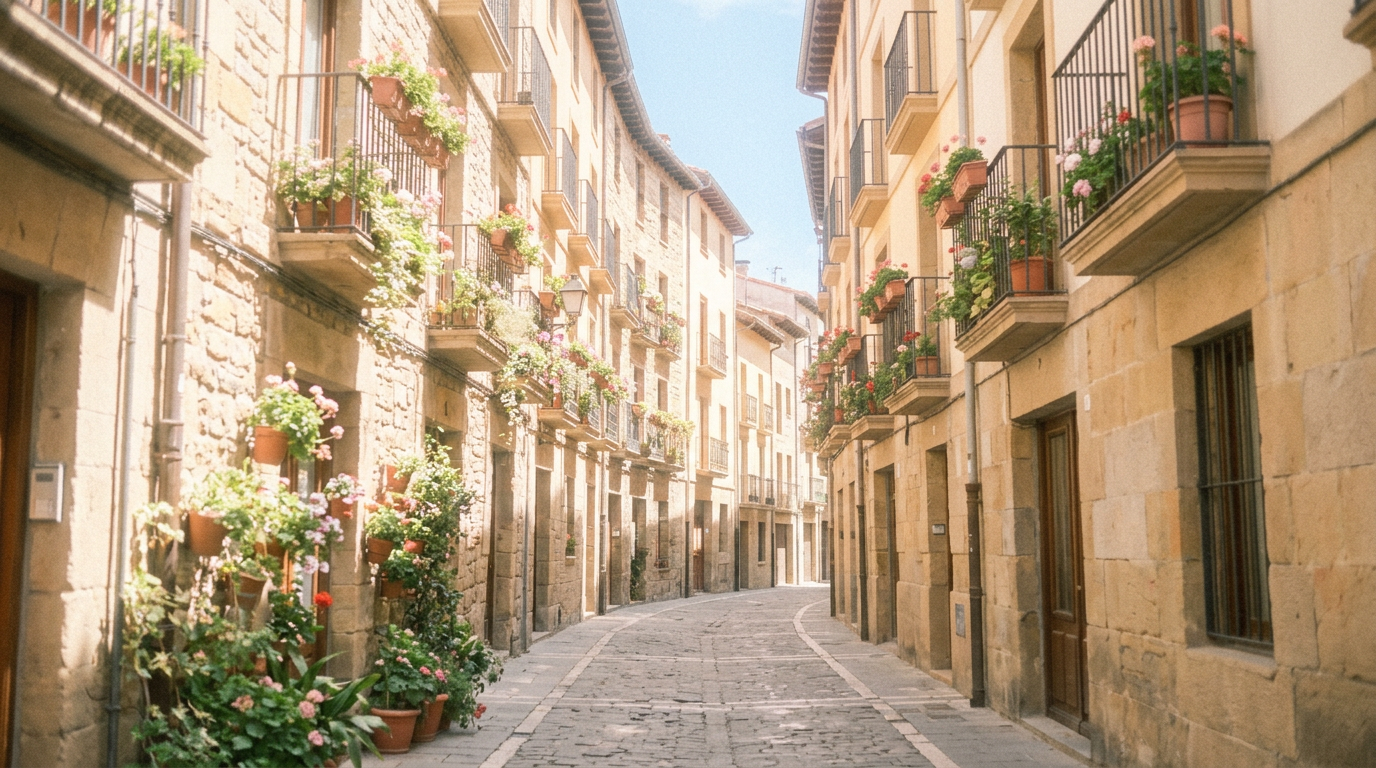 An illustration of a sunny Spanish street with balconies and climbing plants.