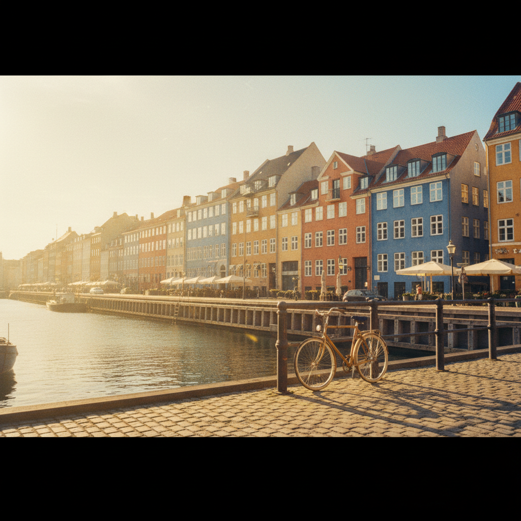 A warm, hand-drawn illustration of a classic Copenhagen canal with colorful townhouses, a bicycle parked by the water, and a cozy cafe table with a coffee cup.