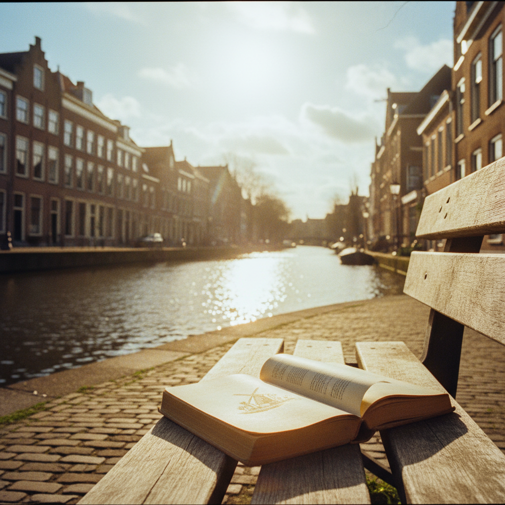Une illustration chaleureuse dessinée à la main d'un canal d'Utrecht avec la tour de la cathédrale (Domtoren) en arrière-plan, montrant un livre de grammaire néerlandaise ouvert posé sur une table de café en bois au premier plan.