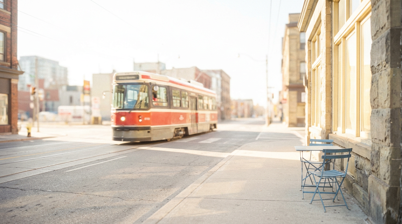 A warm, hand-drawn illustration of a red Toronto streetcar passing a cosy cafe, with a notebook and a cup of coffee sitting on an outdoor table.