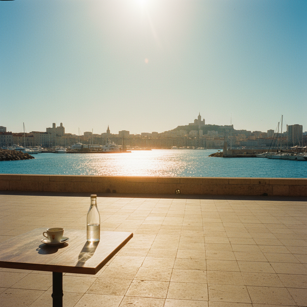 A warm, hand-drawn illustration of Marseille's Old Port with boats floating on calm blue water under a sunny sky.