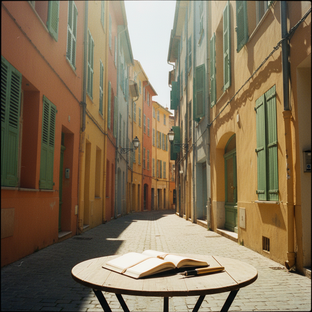 A warm, hand-drawn illustration of a sunny balcony in Nice overlooking the blue Mediterranean Sea, with a French textbook and a cup of coffee on a small table.
