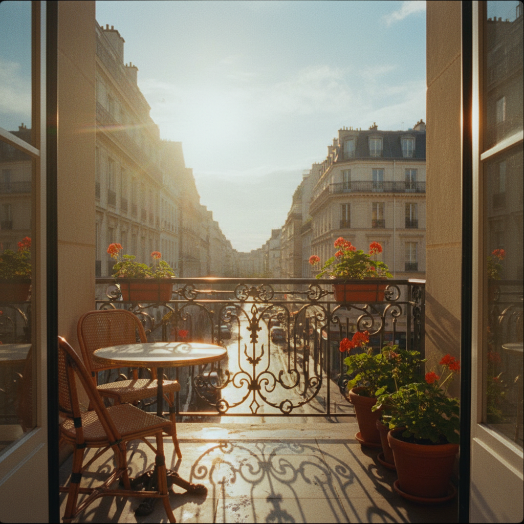 A warm, hand-drawn illustration of a Parisian café table next to a window overlooking the Eiffel Tower, with a French dictionary and a cup of coffee on the table.
