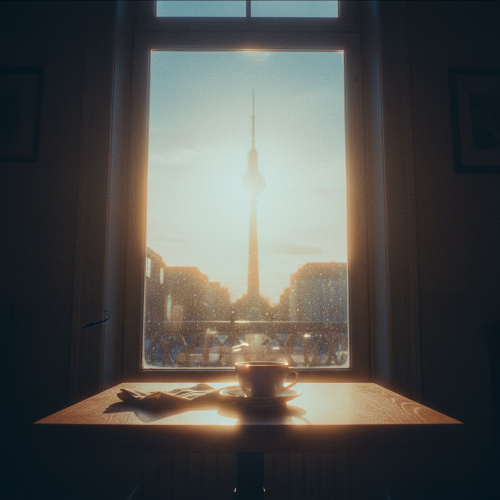 Eine warme, handgezeichnete Illustration einer klassischen Berliner Straße mit dem Fernsehturm im Hintergrund und einem an einem Café geparkten Fahrrad.