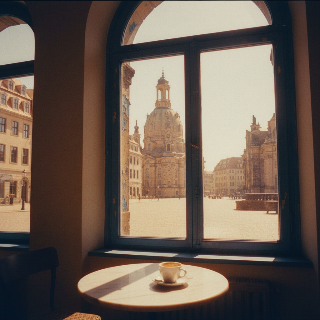 A warm, hand-drawn illustration of Munich's Frauenkirche towers rising behind a cosy outdoor cafe table with a German textbook and a cup of coffee.