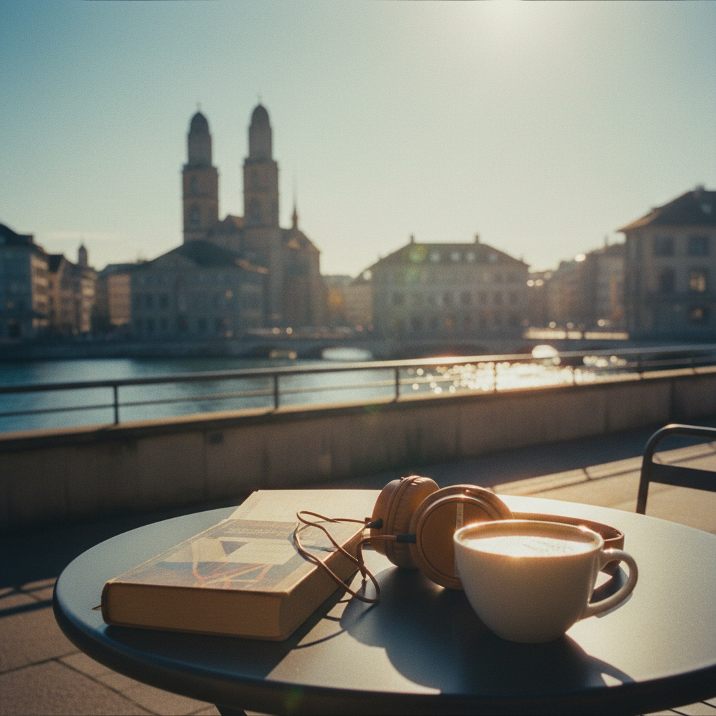 Un'illustrazione accogliente di un tram di Zurigo che passa lungo il fiume Limmat, con un taccuino e una tazza di caffè appoggiati su un muretto di pietra in primo piano.