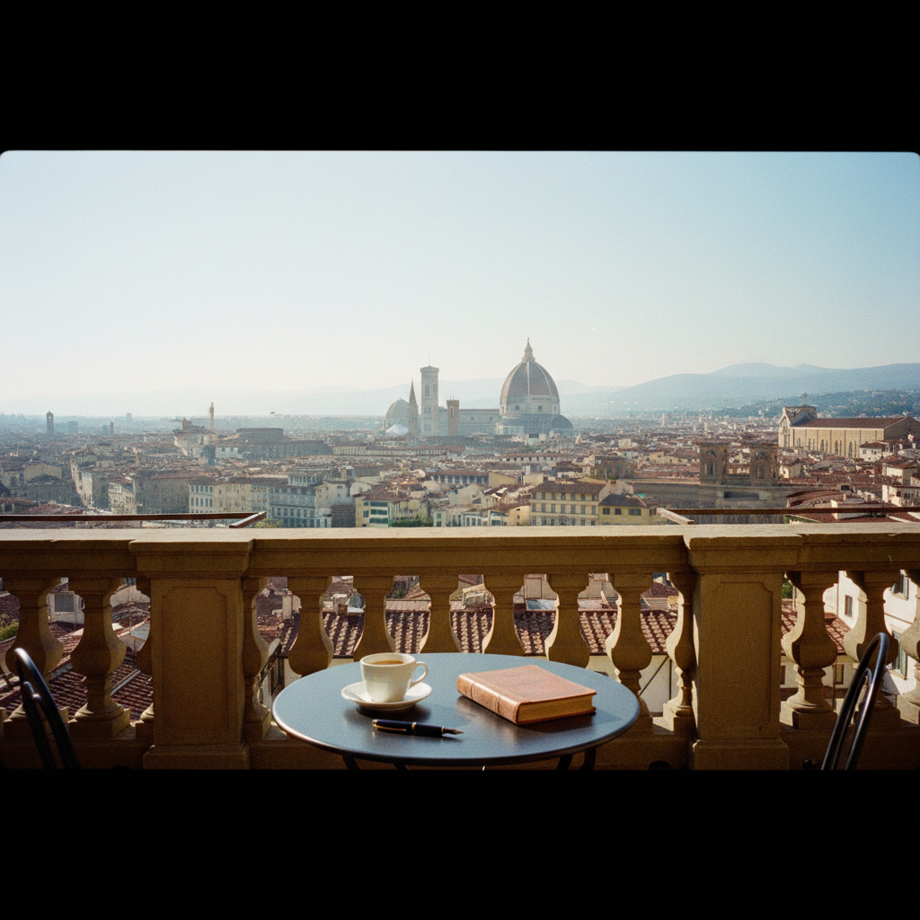 A warm watercolor painting of a Florence street overlooking the Duomo, with an open Italian grammar notebook and a cup of espresso resting on a wooden balcony table.