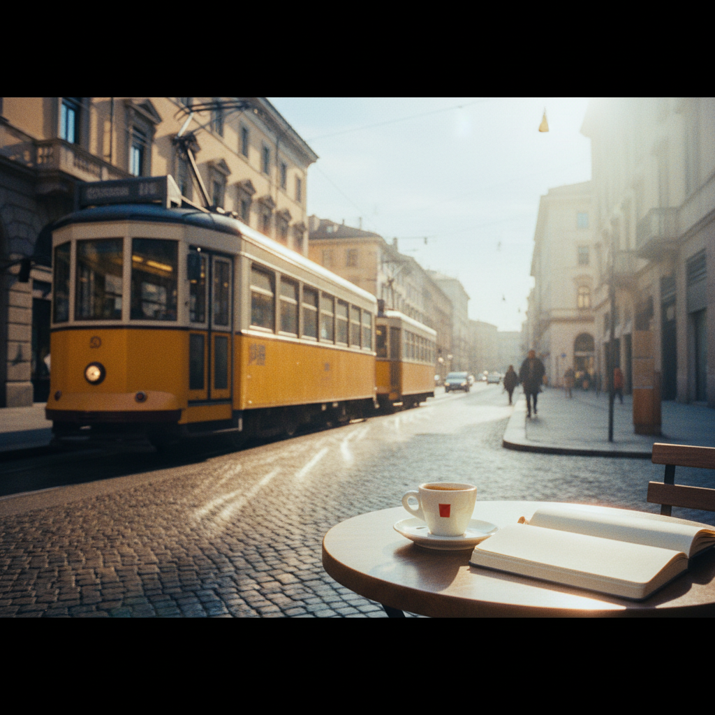 Un'illustrazione calda e disegnata a mano di un tavolino da caffè milanese accanto a una finestra che si affaccia sul Duomo di Milano. Sul tavolo ci sono una tazzina di espresso fumante, un piattino con una fetta di panettone e un quaderno aperto con vocaboli italiani scritti a mano.