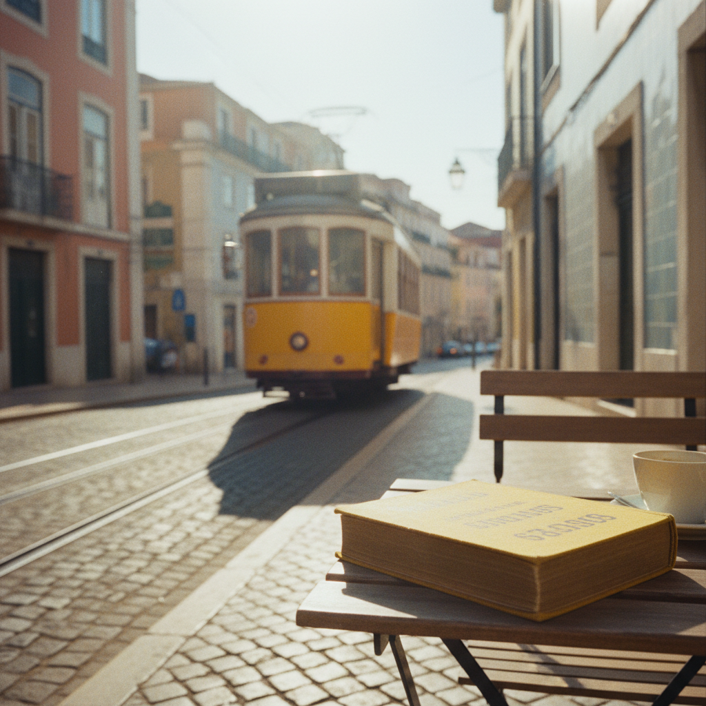 Une illustration chaleureuse dessinée à la main d'un tramway jaune classique de Lisbonne grimpant une rue pavée escarpée, avec un carnet et une tasse de café posés sur le rebord d'une fenêtre à proximité.
