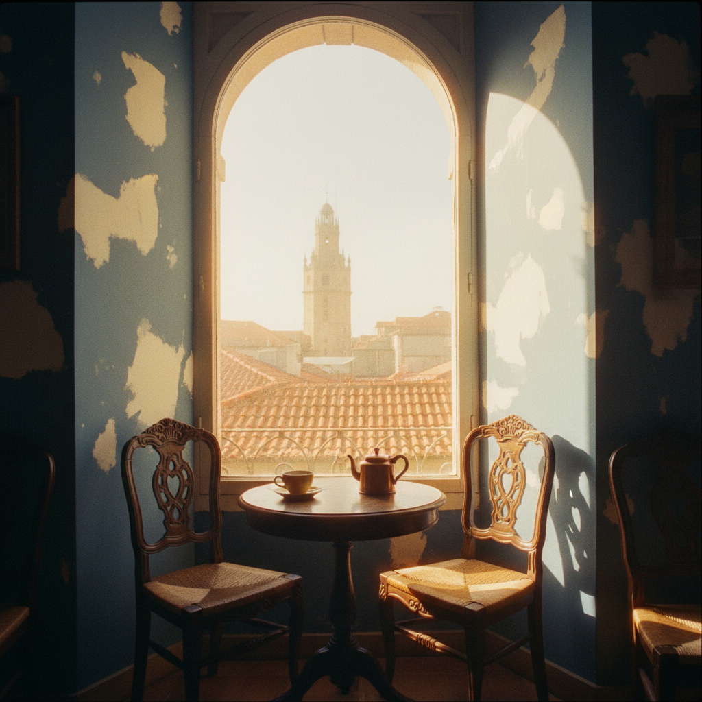 Une illustration chaleureuse dessinée à la main d'une rue classique de Porto avec des bâtiments carrelés d'azulejos, plongeant vers le fleuve Douro sous un ciel bleu doux.