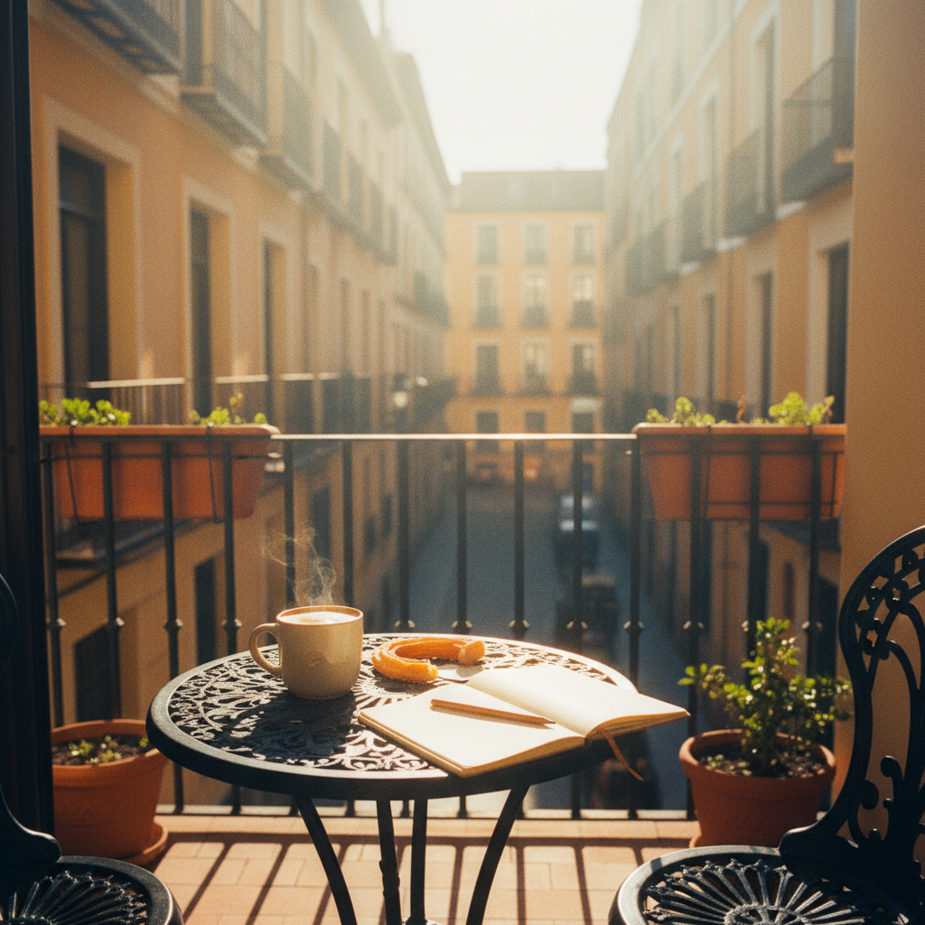 Une illustration chaleureuse dessinée à la main d'un balcon dans une rue calme de Madrid, avec un carnet et un café sur une petite table.