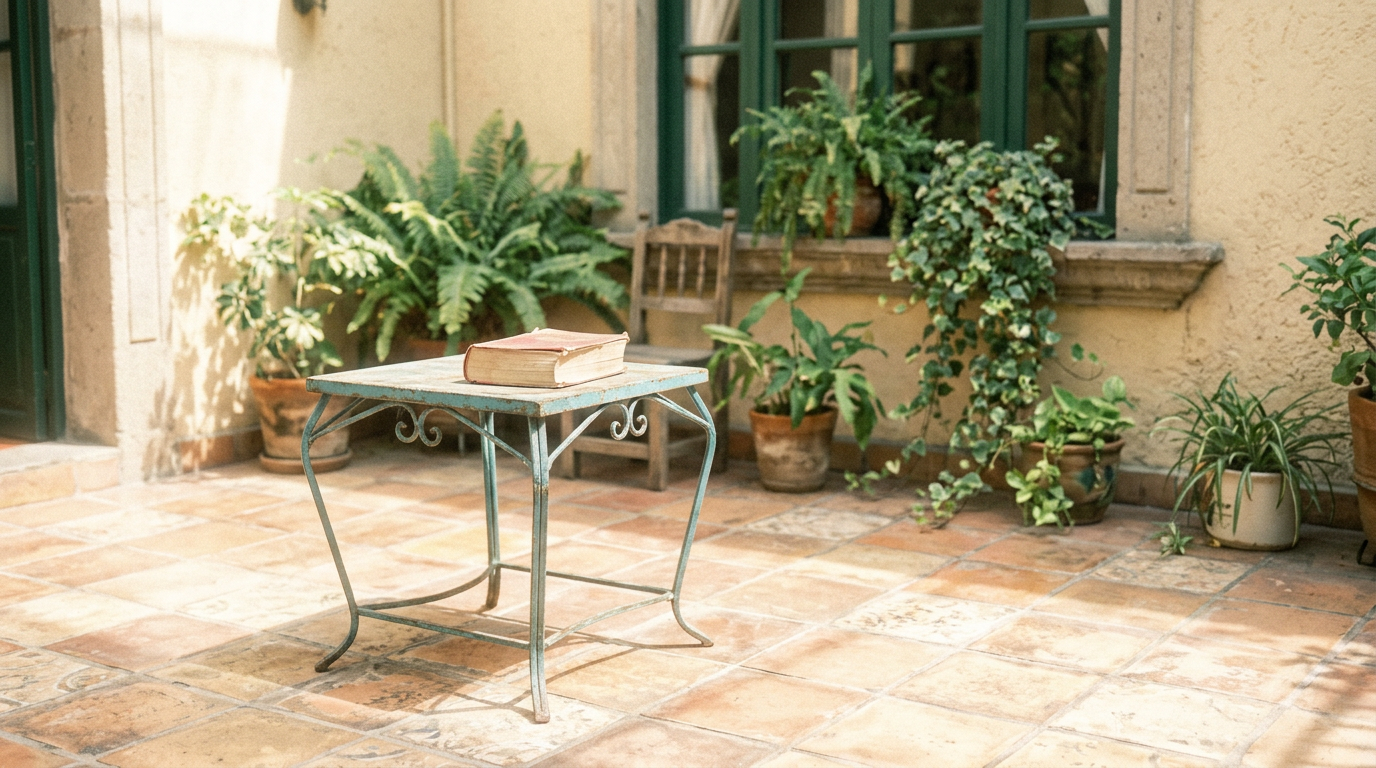 Une illustration chaleureuse dessinée à la main d'une cour tranquille à Mexico, avec des jacarandas en pot, une table en bois sur laquelle repose un manuel d'espagnol et une tasse de café en céramique.