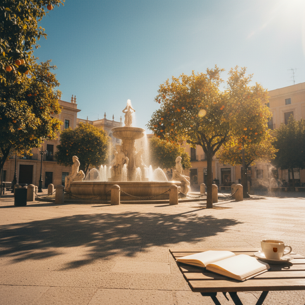 Una cálida ilustración hecha a mano de una calle soleada de Valencia con naranjos, una mesa de cafetería con un libro de texto de español y las históricas Torres de Serranos al fondo.