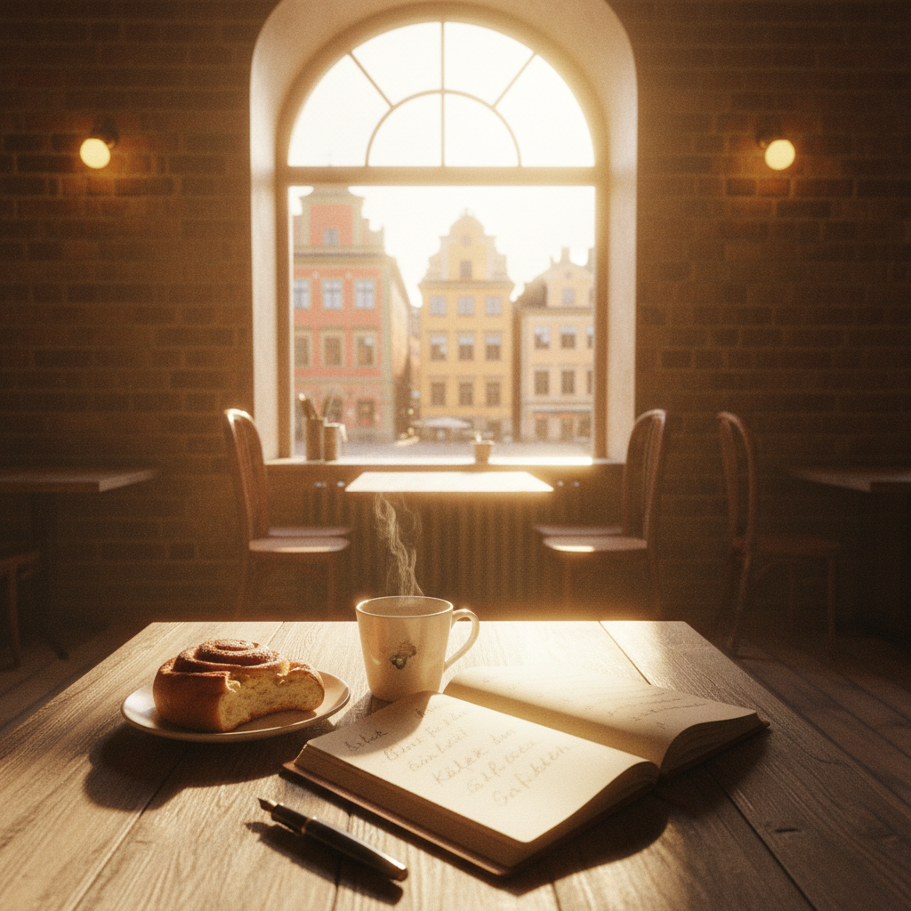 Una cálida ilustración hecha a mano del paseo marítimo de Gamla Stan en Estocolmo, con un libro de texto de sueco apoyado sobre una mesa de madera en primer plano.