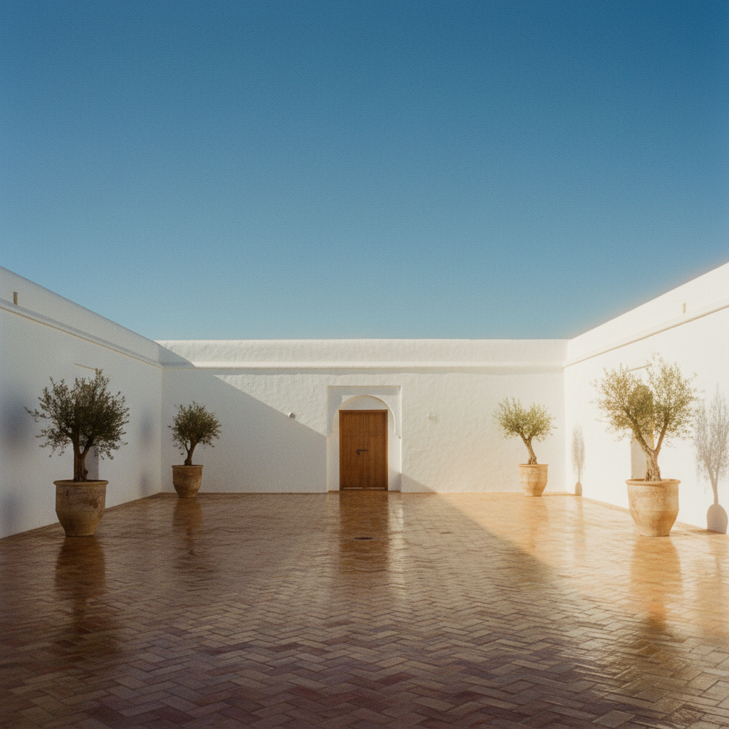 A quiet, sunlit Spanish courtyard with terracotta pots, green plants, and whitewashed walls under a bright blue sky.