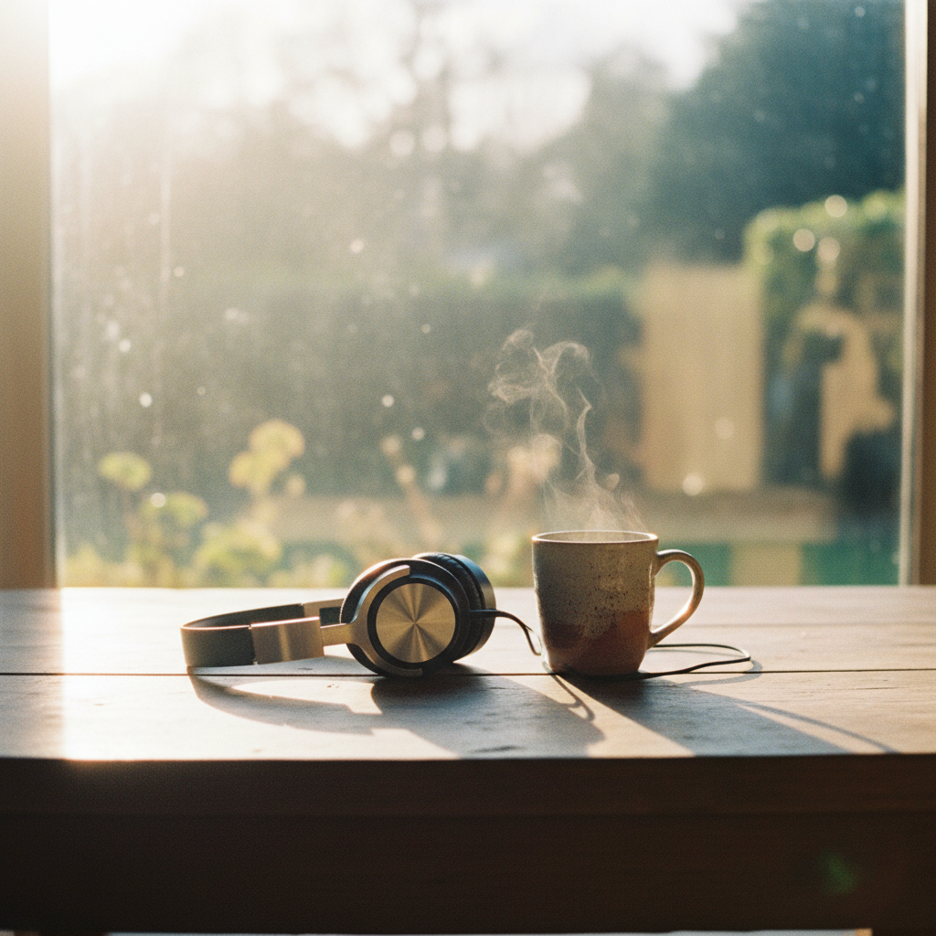 A pair of modern over-ear headphones resting on a wooden table next to a warm, steaming mug of coffee in soft morning light.