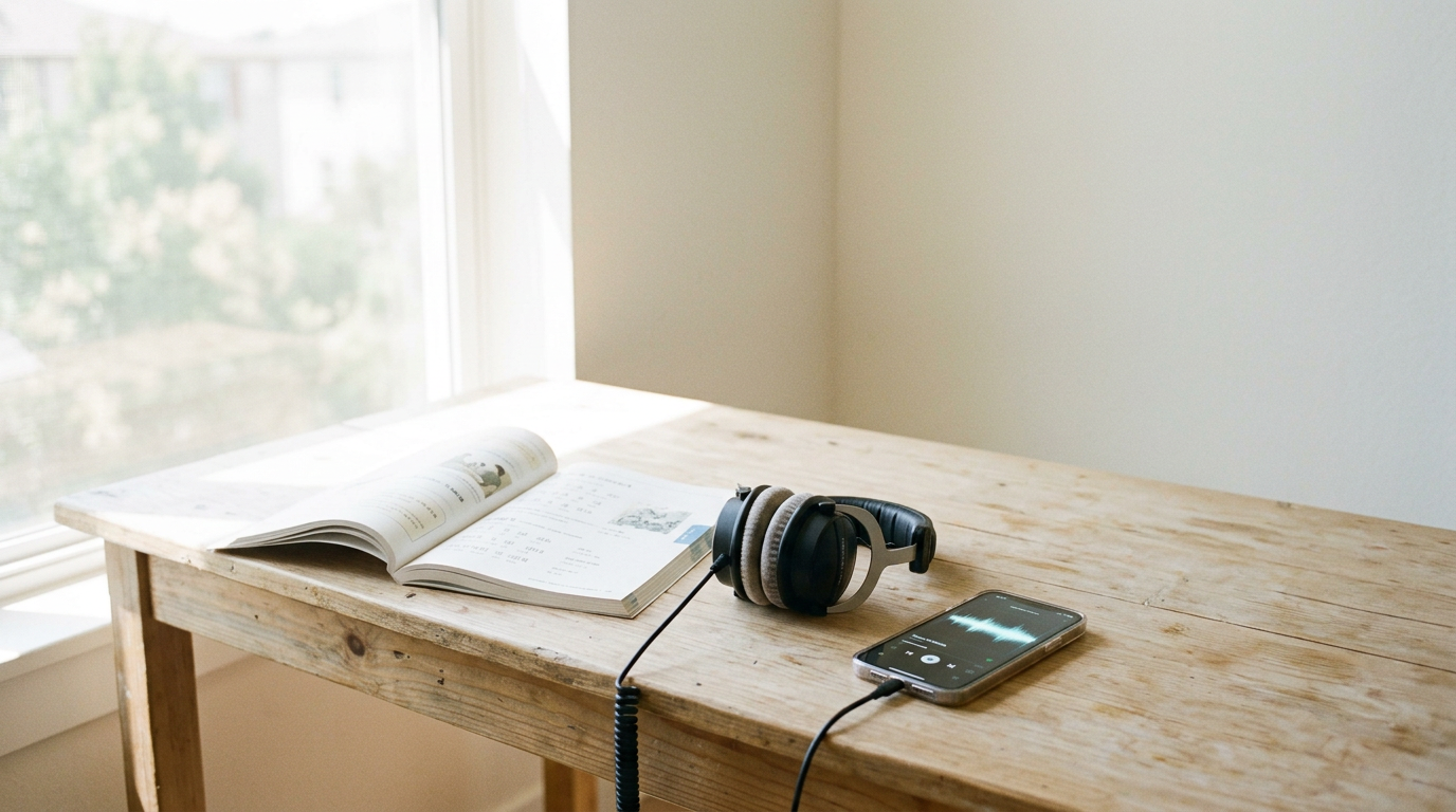 A clean, modern study desk featuring an open textbook with diagrams, a pair of over-ear headphones, and a smartphone showing a glowing soundwave.
