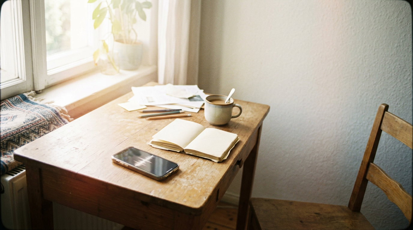 A serene morning scene of a wooden window sill with a pair of over-ear headphones resting on a closed leather journal, looking out onto a soft-focus green garden.