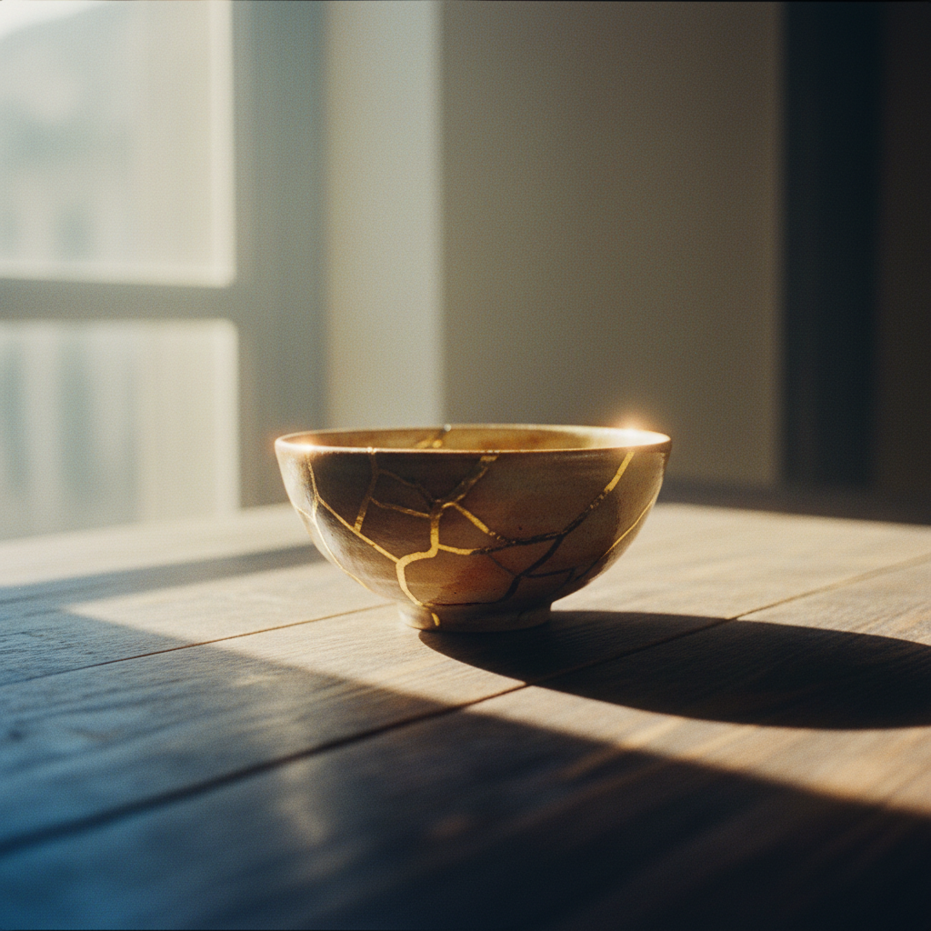 A rustic ceramic bowl beautifully repaired with gold lacquer along its cracks, symbolizing strength and beauty through imperfection.
