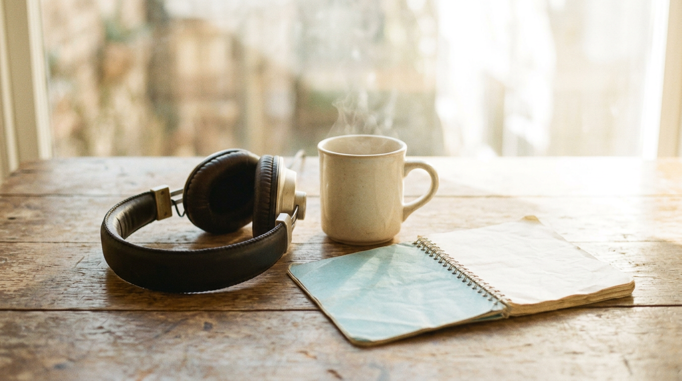 A pair of vintage-style headphones resting on a wooden table next to a warm mug of coffee and an open notebook with blank pages, lit by soft morning light.