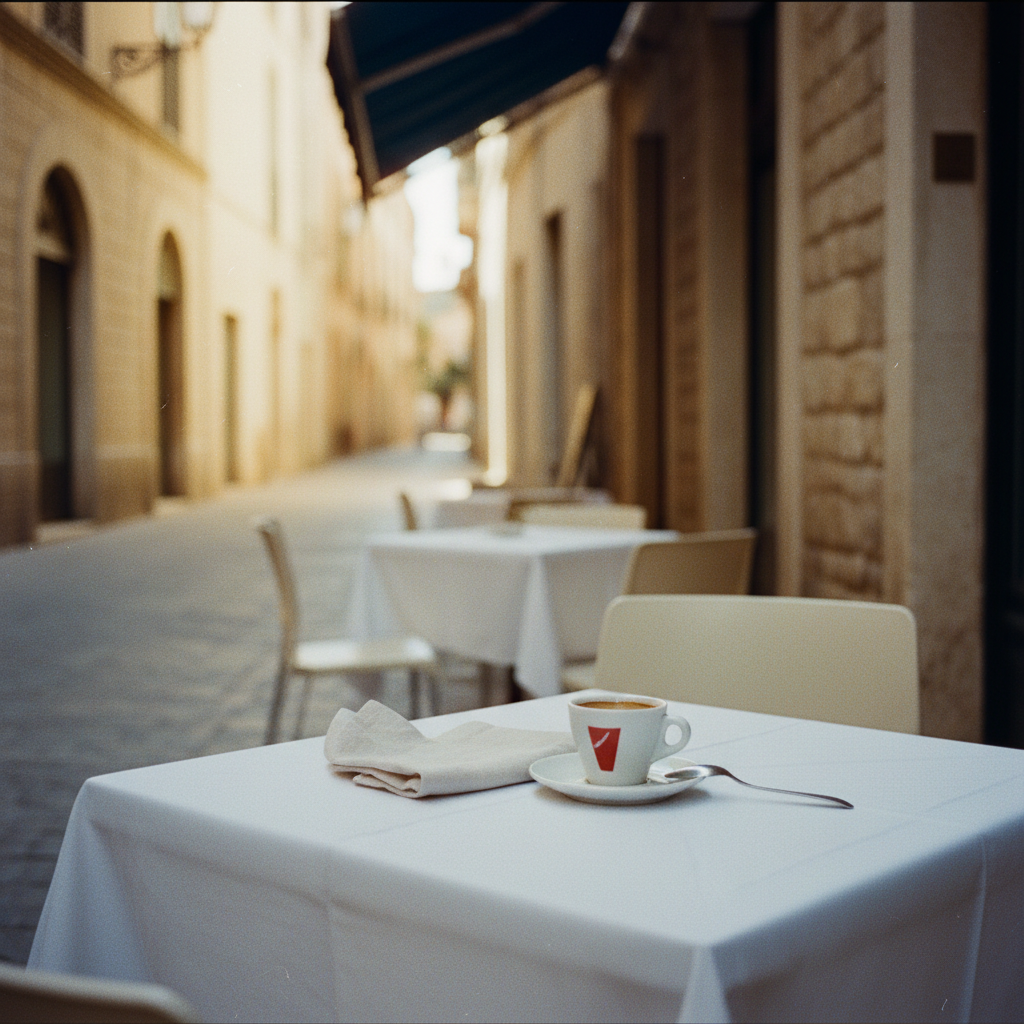 A sunlit, empty bistro table on a cobblestone street with a single espresso cup, evoking a quiet European morning.