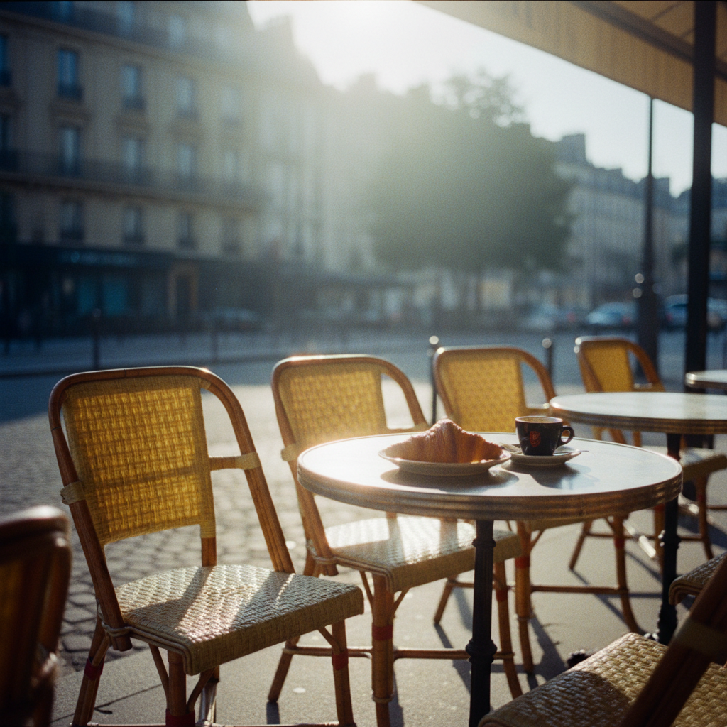 A sunlit Parisian cafe terrace with empty classic wicker chairs, a round metal table holding a cup of espresso and a fresh croissant on a plate, with a blurred cobblestone street in the background.